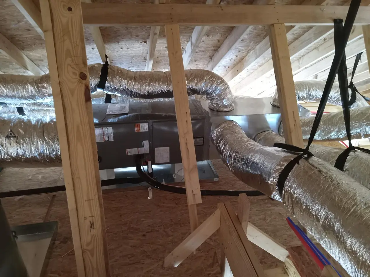 Attic air handler with new supply and return ducts