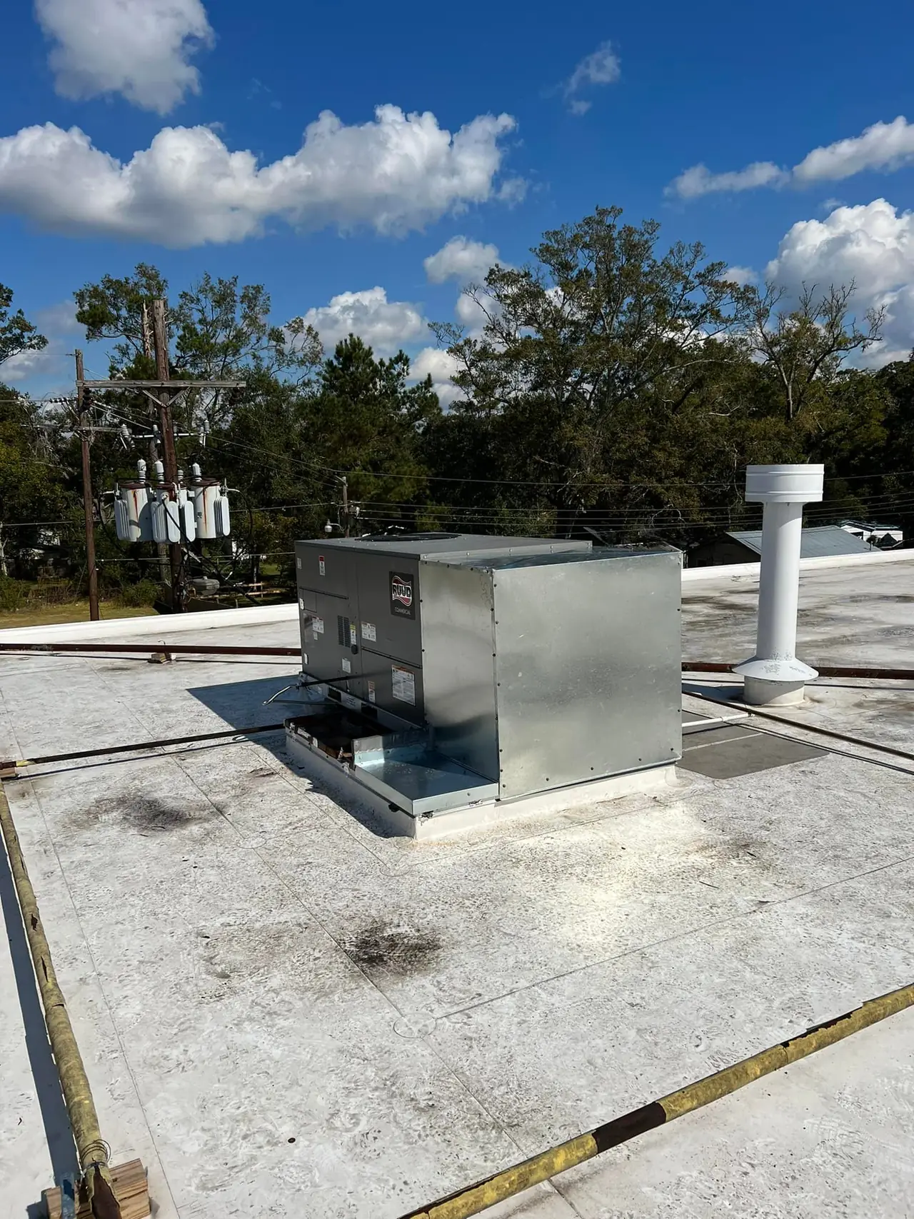 Package unit installed on a flat commercial roof